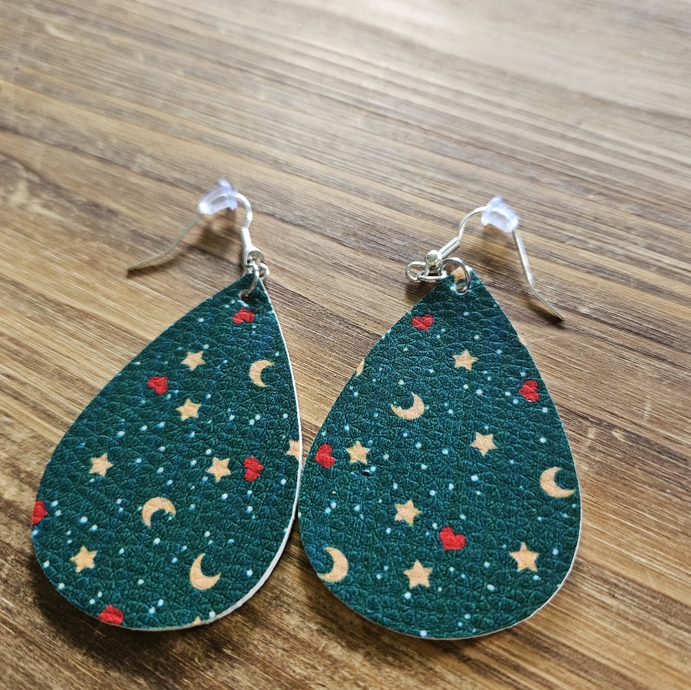 Elegant Green Star and Moon Earrings